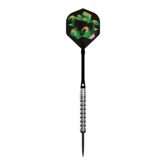 Das Bild zeigt die Bulls NL Chaos Green Steeldarts - 24g. Es handelt sich um ein Set grüner Steeldarts für Dartspieler.