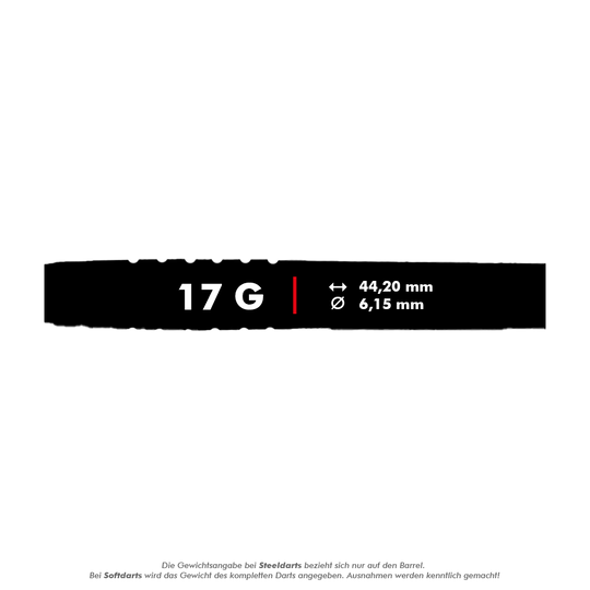 Lotki McDart 85 Tungsten V14 Soft Darts - 17g Das Bild zeigt die Produktdetails der McDart 85er Tungsten V14 Softdarts mit einem Gewicht von 17 Gramm. Die Länge beträgt 44,20 mm und der Durchmesser 6,15 mm.