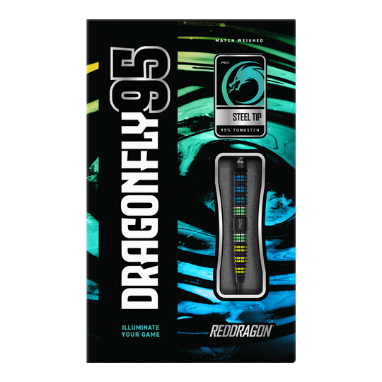 Auf dem Bild ist die Verpackung der "Red Dragon Dragonfly 95 Black Tapered Steeldarts" zu sehen. Die Schachtel hebt das Design der Darts sowie den Schriftzug und die Materialien hervor.