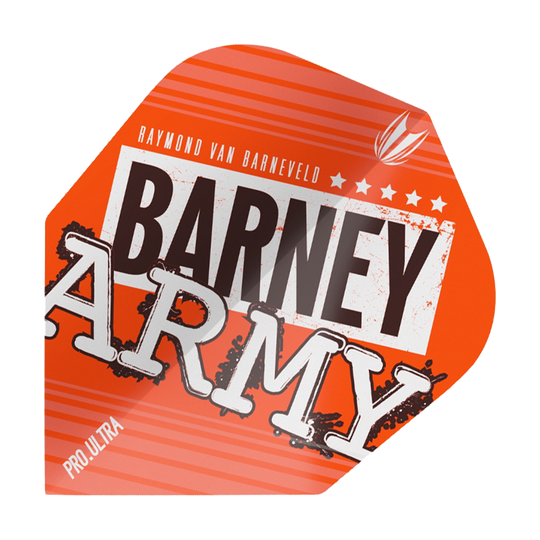 TG64_334310_Target_ProUltra_Barney_Army_Orange_Ten-X_Flights_1w8mUNvE8M34Y9 Das Bild zeigt ein orangefarbenes Dart-Flight mit dem Aufdruck "Barney Army". Oben steht der Name "Raymond van Barneveld" und unten links ist "Pro Ultra" zu lesen.