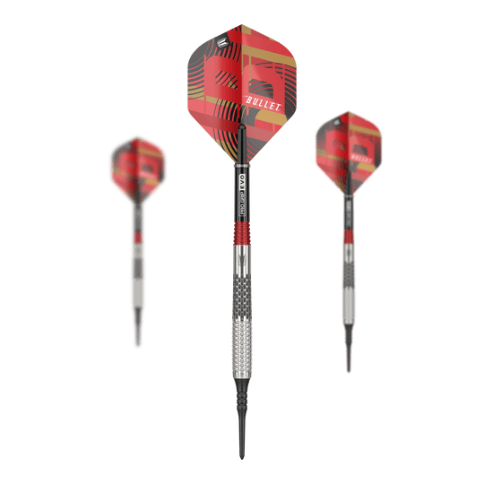 Lotki miękkie Target Stephen Bunting GEN5 - 18 g Das Bild zeigt drei Softdarts des Modells "Target Stephen Bunting GEN5" mit einem Gewicht von 18g. Die Flights sind rot gemustert und tragen die Aufschrift "BULLET".