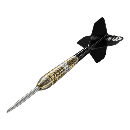 Stalowe lotki Target Japan Hot Shot GEN2 - 23 g Das Bild zeigt einen Target Japan Hot Shot GEN2 Steeldart mit einem Gewicht von 23g. Der Dart hat einen metallischen, geriffelten Griffbereich und schwarze Flights.