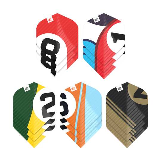 337204_Target_ProUltra_5Sets_Multipack_Chicane_No2_Standard_Flights_1 Das Bild zeigt fünf verschiedene Sets von Dart-Flights in bunten Farben und mit großen Zahlen. Jedes Set hat ein einzigartiges Design und verschiedene Farbkombinationen.