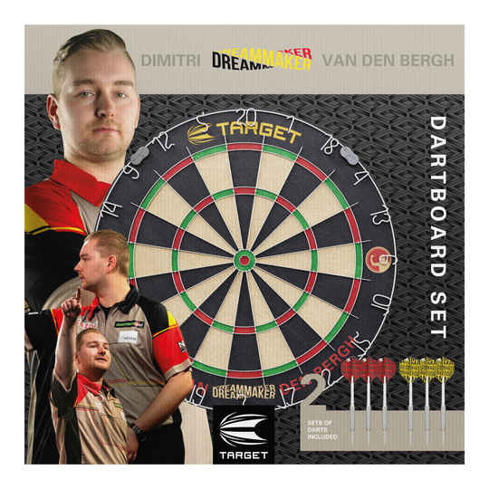 Zestaw tarcz stalowych Target Dimitri Van Den Bergh Das Bild zeigt das Produkt "Target Dimitri Van Den Bergh Steeldartboard Set" mit einer großen Dartscheibe in der Mitte. Rechts unten sieht man sechs mitgelieferte Darts und im Hintergrund ist Dimitri Van Den Bergh mehrfach abgebildet.