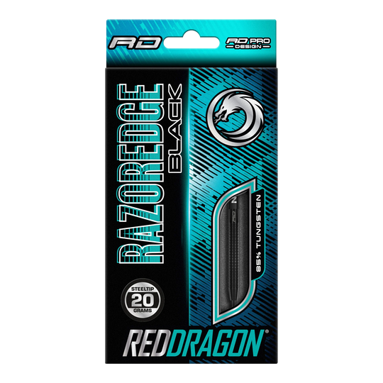 Auf dem Bild ist eine Verpackung von Red Dragon Razor Edge Black Steeldarts zu sehen. Die Darts wiegen 20 Gramm und bestehen zu 85 % aus Wolfram.