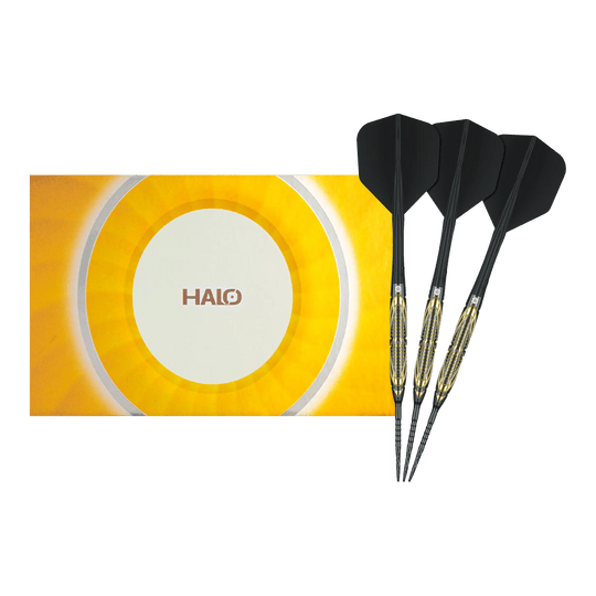 Stalowe lotki Caliburn Halo H2 - 22,5 g Das Bild zeigt die Caliburn Halo H2 Steeldarts mit einem Gewicht von 22,5g in voller Länge. Die Steeldarts sind besonders langlebig und robust.