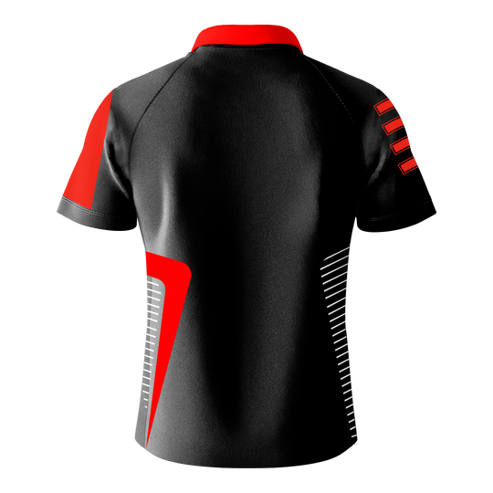 Koszulka Bulls Team Dart - czerwona Das Bild zeigt das Bulls Team Dartshirt in Rot von hinten. Das Shirt ist hauptsächlich schwarz mit roten und weißen Designelementen auf den Ärmeln und an den Seiten.