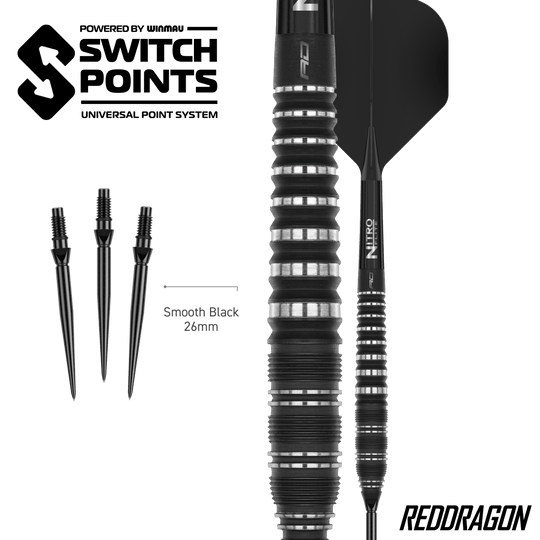 Zu sehen sind Red Dragon Sable Torpedo Switch Point Steeldarts. Diese Darts bieten gute Griffigkeit und Stabilität beim Wurf.