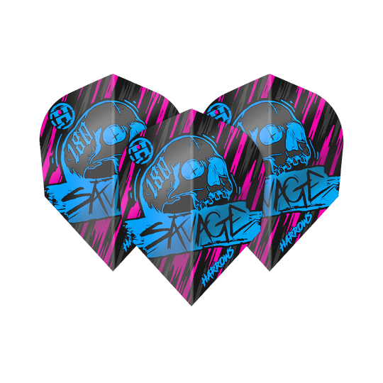 Loty Harrow's Savage Aqua Pink nr 6 Das Bild zeigt die Harrows Savage Aqua Pink No6 Flights, die für Dartpfeile verwendet werden. Sie sind schwarz mit auffälligen blauen und pinken Grafiken, darunter ein Totenkopf und das Wort "SAVAGE".