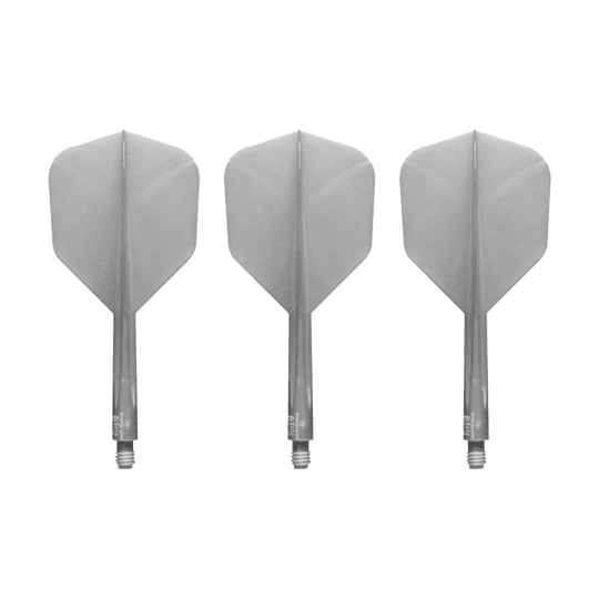 Condor_AXE_Metallic_Pearl_Silver_Small_Flights_1 Das Bild zeigt drei silberne Dartflights mit Schäften der Marke Condor AXE Metallic Flight-System Pearl Silver in der Größe Small. Die Flights sind nebeneinander auf weißem Hintergrund angeordnet.