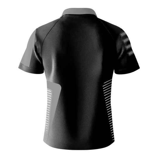 Koszulka Bulls Team Dart - Szara Das Bild zeigt das Bulls Team Dartshirt in Grau von hinten. Das Shirt hat kurze Ärmel und dezente, graue Designelemente an den Seiten und auf dem Ärmel.