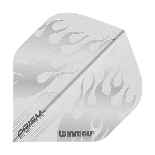 Das Bild zeigt ein Winmau Prism Delta 6915.205 Standard Dart Flight. Das Flight ist silberfarben mit Flammenmuster und schwarzem Aufdruck.