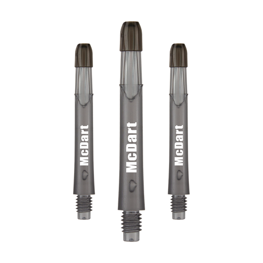 Das Bild zeigt drei gerade Dart Shafts der Marke "McDart" mit einem individuellen Aufdruck. Die Shafts sind 39 mm lang und in einem durchsichtig dunklen Design gehalten.