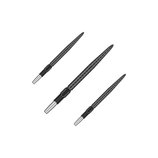 Końcówki do lotek Target Swiss Point RVE – czarne Das Bild zeigt drei schwarze Dartspitzen mit silbernem Schraubgewinde. Sie sind unterschiedlich ausgerichtet und liegen auf einem grünen Hintergrund.