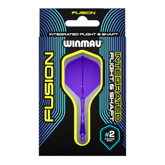 Auf dem Bild ist eine Verpackung mit einem lila Dart-Flug- und Schaftsystem der Marke Winmau zu sehen. Die Verpackung trägt die Aufschrift "Fusion Integrated Flight & Shaft" und hebt die Standardform #2 hervor.