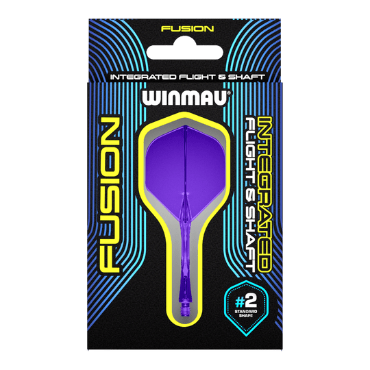 Winmau Fusion Flight Shaft System Standard Purple Auf dem Bild ist eine Verpackung mit einem lila Dart-Flug- und Schaftsystem der Marke Winmau zu sehen. Die Verpackung trägt die Aufschrift "Fusion Integrated Flight & Shaft" und hebt die Standardform #2 hervor.
