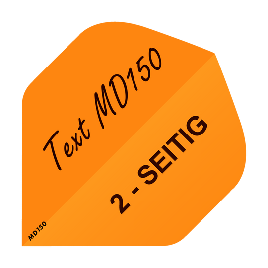 Das Bild zeigt einen orangefarbenen, bedruckten Dartflight mit der Aufschrift "Text MD150" und "2-SEITIG". Der Flight ist Teil des Produkts "10 Satz Bedruckte Flights 2-Seitig - Wunschtext - MD150 Standard".