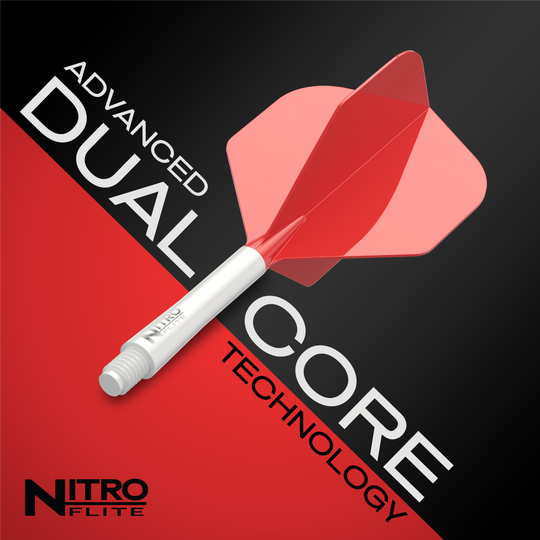Das Foto stellt die Red Dragon Nitro Flite - White Shaft Red No2 Flights dar. Sie haben weiße Schafts und rote Flights für Darts.