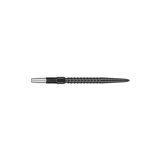 Das Bild zeigt eine schwarze Dartspitze mit einem geriffelten Design. Die Spitze ist lang und schmal, geeignet für den Einsatz in Dartpfeilen.