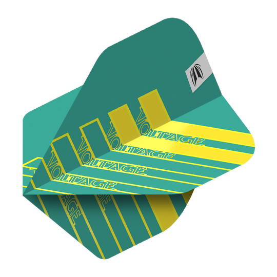 Lotki Target Pro Ultra Rob Cross Aqua No2 Standard - 3 zestawy Das Bild zeigt ein Dart-Flight in Aqua-Farbe mit gelben Streifen und dem Schriftzug "VOLTAGE". Es handelt sich um das Produkt "Target Pro Ultra Rob Cross Aqua No2 Standard Flights - 3 Sets".