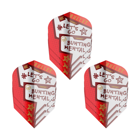 Target Pro Ultra Stephen Bunting Mental No6 Flights - 3 serie Das Bild zeigt drei Sets der "Target Pro Ultra Stephen Bunting Mental No6 Flights" für Darts. Die Flights sind rot-weiß gestaltet und tragen Aufschriften wie "#LET'S GO" und "BUNTING MENTAL."