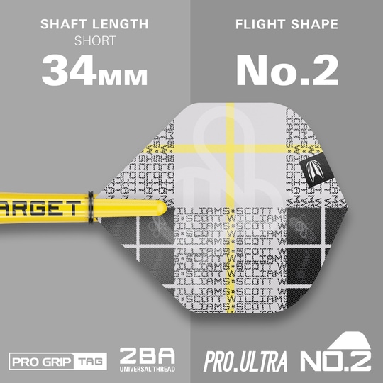 Lotki miękkie Target Scott Williams GEN2 - 18g Das Bild zeigt das Produkt "Target Scott Williams GEN2 Softdarts - 18g" mit einem kurzen Schaft von 34 mm. Die Flight-Form ist No. 2 und das Design ist in Gelb, Weiß und Schwarz gehalten.