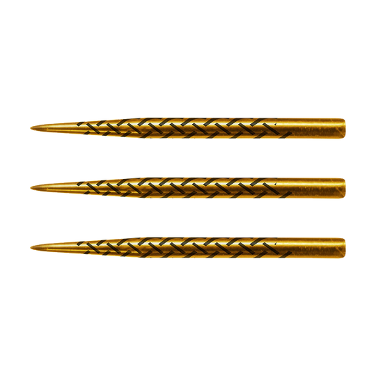 Auf dem Bild sind drei goldfarbene Dartspitzen aus Titanstahl abgebildet. Sie haben ein eingraviertes Muster entlang der Oberfläche.