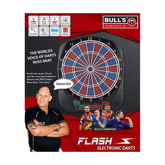 67974_Bulls_Flash_RB_Sound-Elektronik-Dartboard_2 Das Bild zeigt das elektronische Dartboard „Bulls Flash RB Sound Elektronik Dartboard“. Es ist mit den Stimmen von Russ Bray und neuen Soundeffekten ausgestattet und eignet sich für bis zu 8 Spieler.
