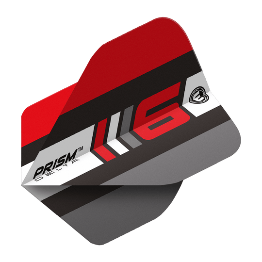 6915-226_Winmau_Prism_Delta_Blade6_B_Standard_Flights_2 Dies ist ein Winmau Prism Delta Blade 6 B Standard Flight für Darts. Das Design ist überwiegend rot, schwarz und grau mit einem modernen Muster und der Aufschrift "PRISM DELTA" und "6".