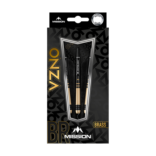 Die Verpackung zeigt die Mission Onza Model 2 Black Gold Softdarts mit einem Gewicht von 18g. Die Darts sind in Schwarz und Gold gehalten und bestehen aus Messing.