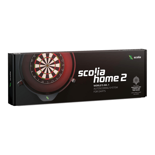 Elektroniczny system autopunktacji Scolia Home 2 2026 Die Abbildung zeigt die Verpackung des Produkts "Scolia Home 2 Electronic Score System". Es handelt sich um ein automatisches Punktezählsystem für Darts.