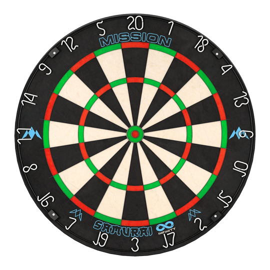 Tarcza do darta Mission Samurai Infinity ze stali Das Bild zeigt eine Steeldartscheibe mit dem Namen "Mission Samurai Infinity". Die Scheibe ist schwarz-weiß mit roten und grünen Markierungen und hat weiße Zahlen am Rand.