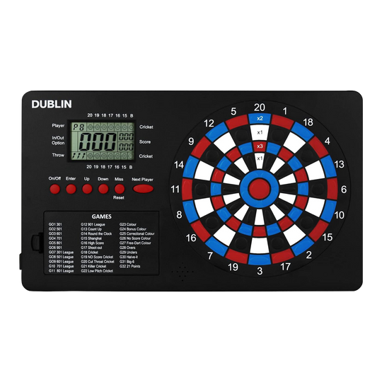 Licznik rzutek XQMax Dublin Das Bild zeigt den "XQMax Dublin Dart Counter", ein elektronisches Dartspiel mit eingebautem Punktezähler. Links befindet sich ein digitales Display und Tasten zur Spielsteuerung, rechts das bunte Dartboard mit verschiedenen Zahlenfeldern.