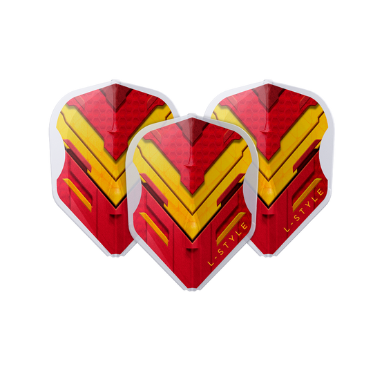 L-Style V-Series V1 Typ A Hiszpania Przezroczysta Biel L3EZ Loty Das Bild zeigt drei Dart-Flights mit einem auffälligen roten und gelben Muster. Auf den Flights steht in gelber Schrift "L-STYLE".