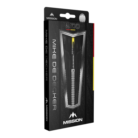 Die Abbildung zeigt die Verpackung der "Mission Mike De Decker MDD Silver Steeldarts". Auf der Schachtel sind der Markenname Mission und der Name Mike De Decker deutlich zu erkennen.