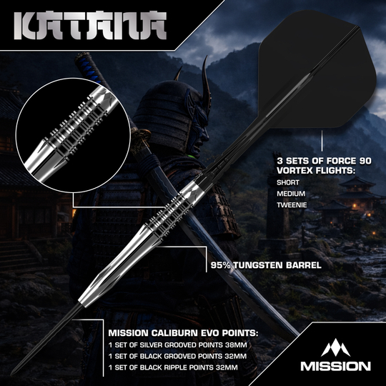 Mission Katana Steeldarts werden präsentiert. Das Foto zeigt das Produkt detailliert für eine bessere Ansicht.