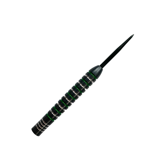 Beczki McDart Silver Green Steeldart Das Bild zeigt einen McDart Silver Green Steeldart Barrel. Der Dart hat silberne und grüne Rillen und eine schwarze Spitze.