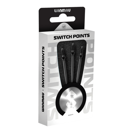 Hier sieht man die Winmau Switch Point Smooth Steeldartspitzen in Schwarz. Die Dartspitzen haben ein glattes Design und sind schwarz gefärbt.