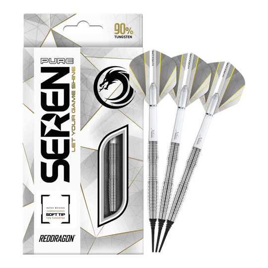 Red Dragon Seren 3 Pure Softdarts - 20g Das Bild zeigt die Red Dragon Seren 3 Pure Softdarts mit 20g Gewicht. Die Verpackung hebt hervor, dass die Darts zu 90% aus Tungsten bestehen.