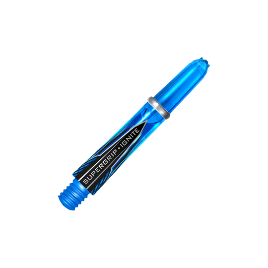 HR386_Harrows_Supergrip_Ignite_Shafts_Aqua_33mm_2 Das Bild zeigt das Produkt "Harrows Supergrip Ignite Shafts - Aqua". Es ist ein blauer, transparenter Dartshaft mit schwarzem Schriftzug und silbernem Ring.
