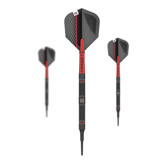 Targetownik 10 miękkich rzutek Das Bild zeigt drei Softdarts des Produkts „Target Scope 10“. Die Darts sind überwiegend schwarz mit roten Akzenten und haben ein modernes Design.