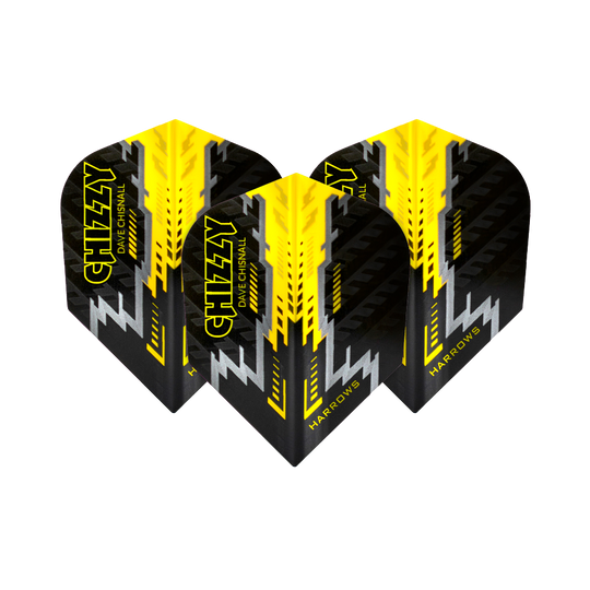 HR7532_Harrows_Dave_Chisnall_Prime_Schwarz_Gelb_No6_Flights_1HrRmepbAnPN9G Das Bild zeigt vier Dartflights des Modells „Harrows Dave Chisnall Prime Schwarz Gelb No6“. Die Flights sind in Schwarz, Gelb und Silber gestaltet und tragen den Schriftzug „CHIZZY“.