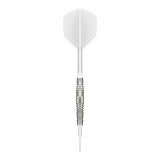 Target Japan Crux Courage Soft Darts - 19g Das Bild zeigt einen Softdart namens "Target Japan Crux Courage Softdarts - 19g". Der Dartpfeil hat eine silberne Griffzone und weiße Flights.