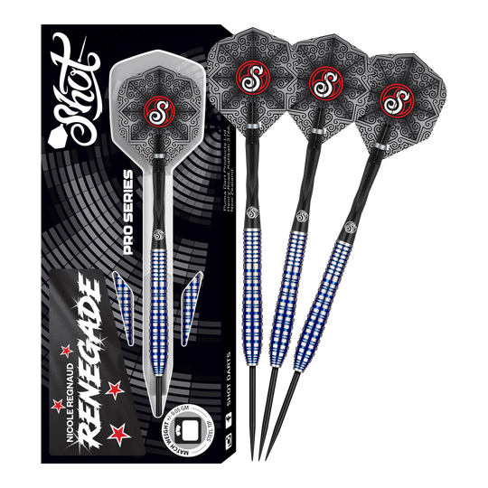 Das Bild zeigt das Produkt „Shot Pro Series Nicole Regnaud Renegade Steeldarts - 23g“ mit drei dekorativen Steeldarts. Die Darts haben schwarze Flights mit Mustern und blaue, gerillte Griffe.