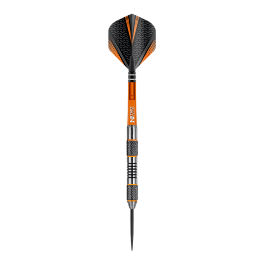Rzutki stalowe Red Dragon Amberjack 5 - 24g Dies ist ein Steeldart der Marke Red Dragon, Modell Amberjack 5 mit einem Gewicht von 24 Gramm. Der Dart hat ein schwarzes und orangefarbenes Design mit metallischen und geriffelten Griffbereichen.