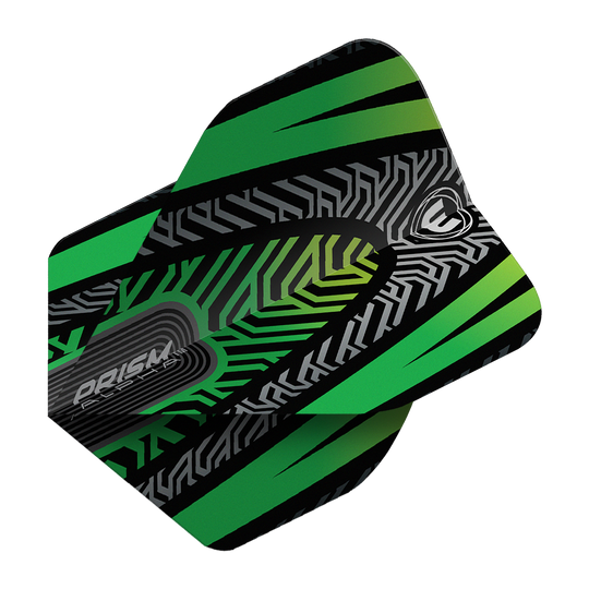 Dieses Bild zeigt ein Winmau Prism Alpha Schwarz Grün No2 Standard Dartflight. Das Flight hat ein modernes Muster in Schwarz, Grün und Grau.