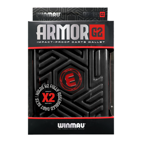 Portfel Winmau Armor G2 Dart Dies ist eine schwarze, stoßfeste Darttasche der Marke Winmau namens "Armor G2". Sie bietet Platz für zwei komplett montierte Dart-Sets.