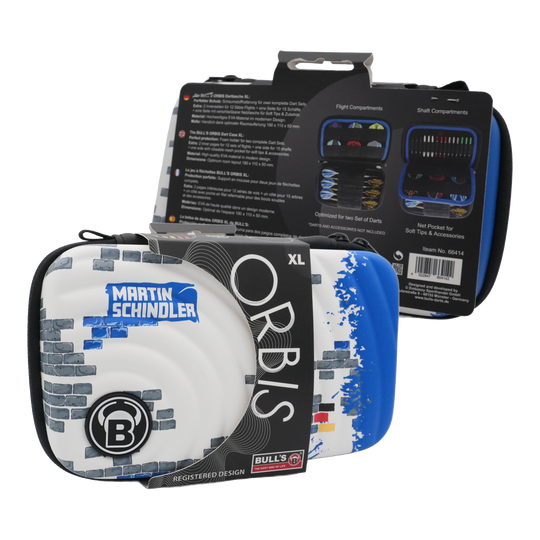 Etui na lotki Bulls Orbis XL Martin Schindler Das Bild zeigt das Produkt "Bulls Orbis XL Martin Schindler Dartcase". Das Dartcase ist weiß mit blauen und grauen Designelementen und bietet Platz für zwei Dart-Sets.
