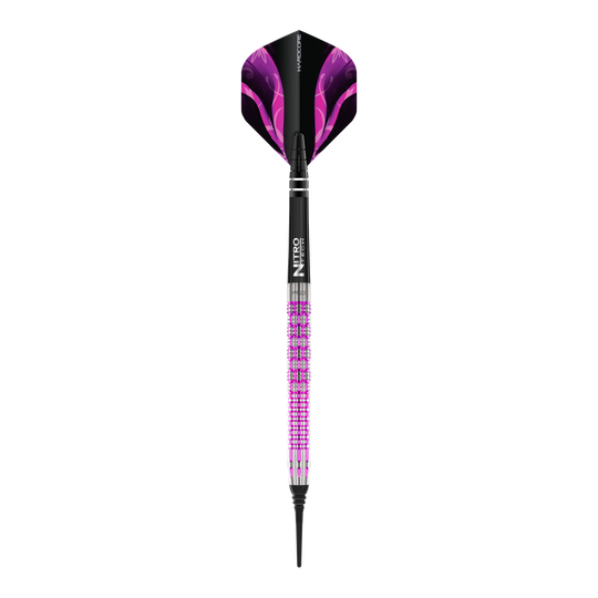 Miękkie lotki Red Dragon Tyrian - 22g Auf dem Bild ist der Red Dragon Tyrian Softdart mit einem Gewicht von 22g zu sehen. Der Dart hat ein auffälliges Design mit lila und pinken Akzenten.
