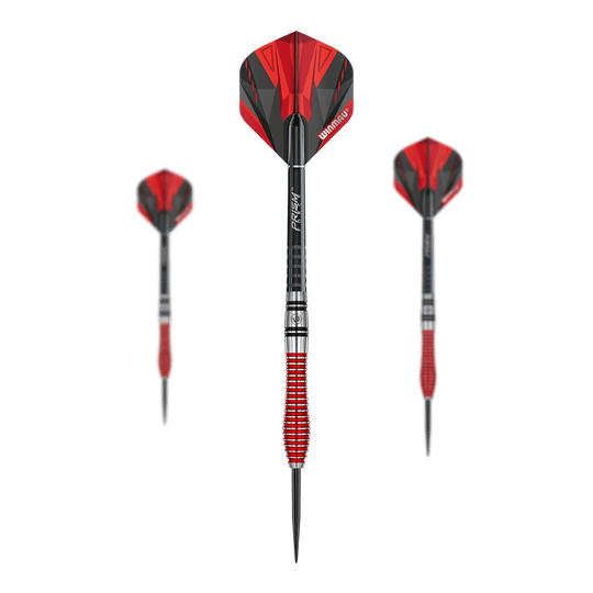 Winmau Dennis Priestley Special Edition Steeldarts Das Bild zeigt drei Winmau Dennis Priestley Special Edition Steeldarts. Die Darts haben ein auffälliges rot-schwarzes Design und besitzen eine griffige, rot-silberne Barrel.
